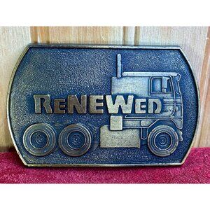 Vtg Cabover Semi Truck Trucker ReNEWed Company Logo Brass Belt Buckle Brand RJ